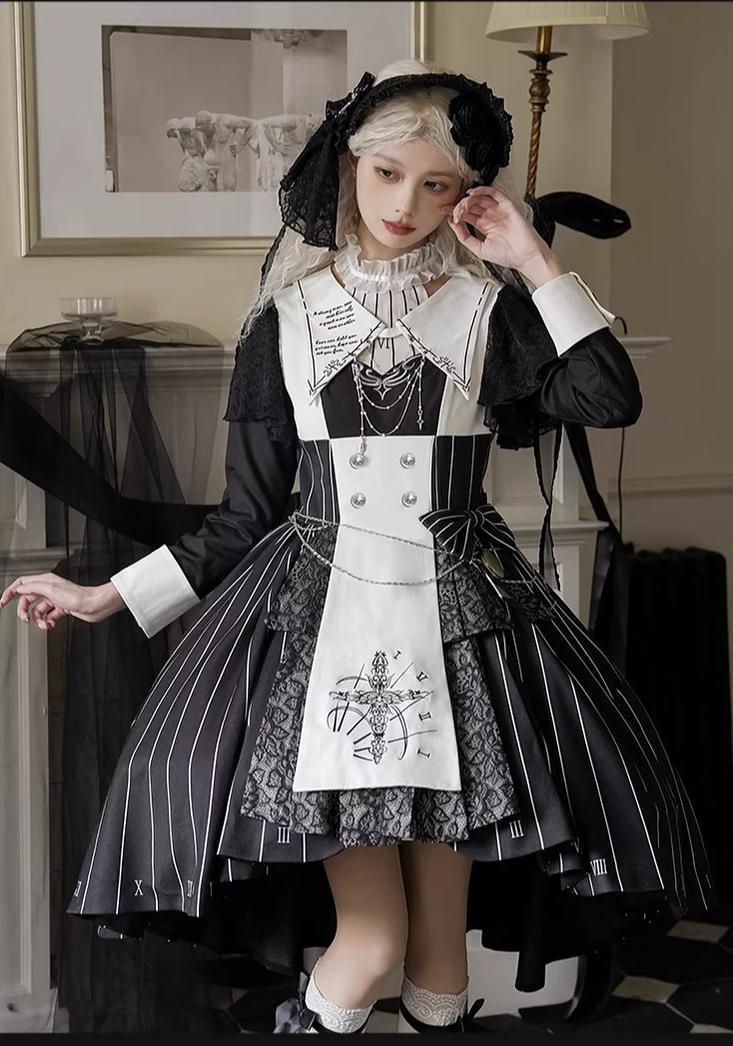 The Choir of the Church - Striped Gothic Lolita Dress Set, High-low Hem - Image 5