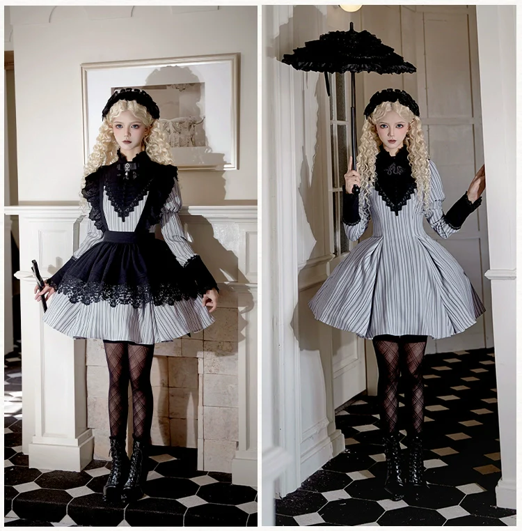 With PUJI - Nocturne SP - Striped Gothic Lolita OP Twin Lolita Dress with Apron - Image 10