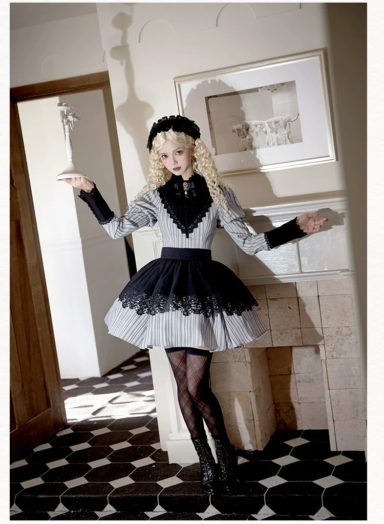 With PUJI - Nocturne SP - Striped Gothic Lolita OP Twin Lolita Dress with Apron - Image 14