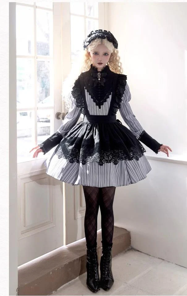 With PUJI - Nocturne SP - Striped Gothic Lolita OP Twin Lolita Dress with Apron - Image 20