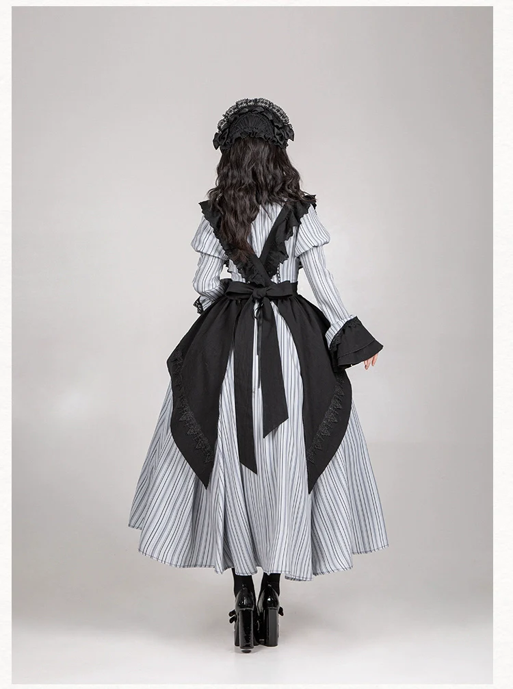 With PUJI - Nocturne SP - Striped Gothic Lolita OP Twin Lolita Dress with Apron - Image 24