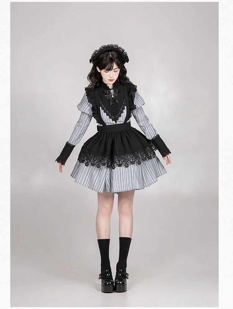 With PUJI - Nocturne SP - Striped Gothic Lolita OP Twin Lolita Dress with Apron - Image 28