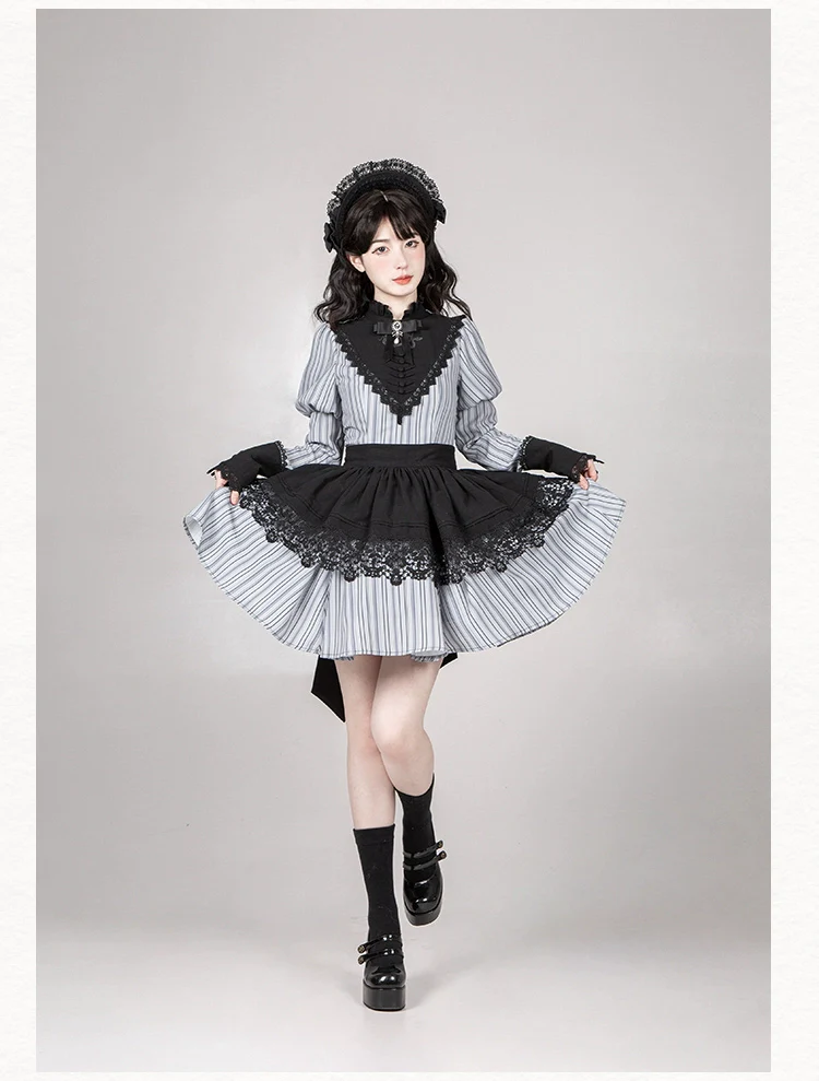 With PUJI - Nocturne SP - Striped Gothic Lolita OP Twin Lolita Dress with Apron - Image 29
