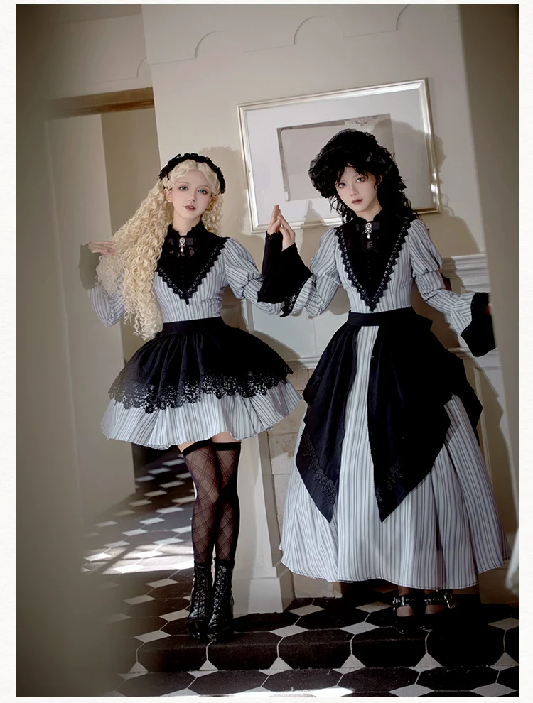 With PUJI - Nocturne SP - Striped Gothic Lolita OP Twin Lolita Dress with Apron - Image 3