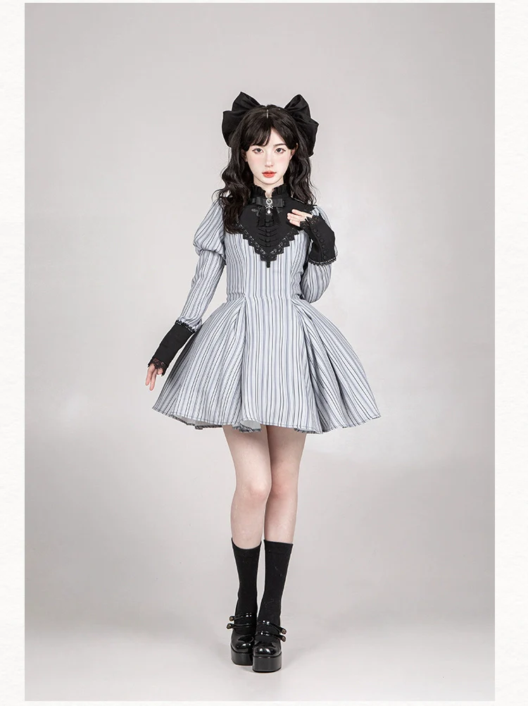 With PUJI - Nocturne SP - Striped Gothic Lolita OP Twin Lolita Dress with Apron - Image 31