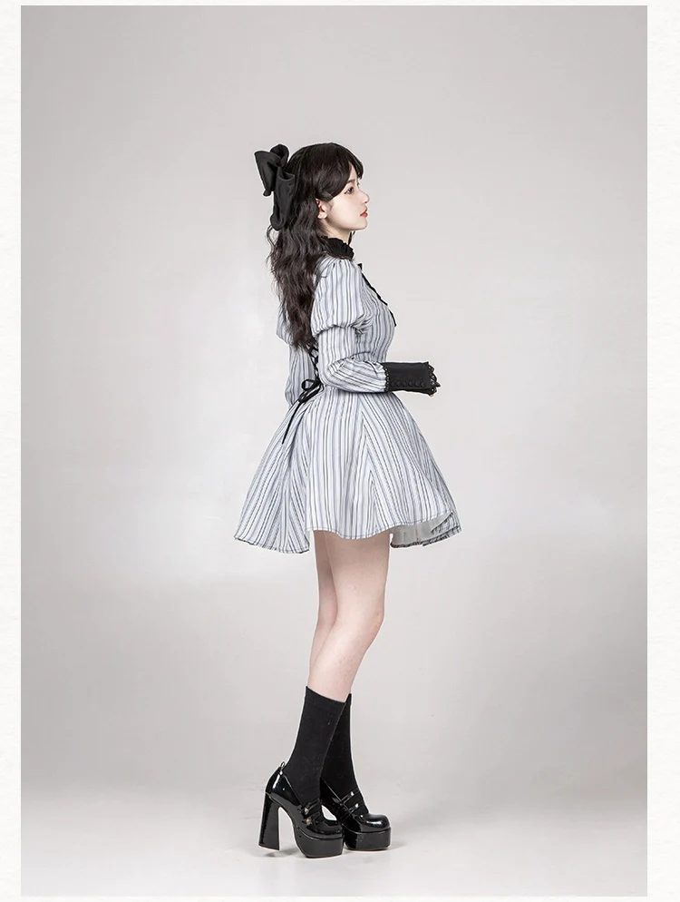 With PUJI - Nocturne SP - Striped Gothic Lolita OP Twin Lolita Dress with Apron - Image 32