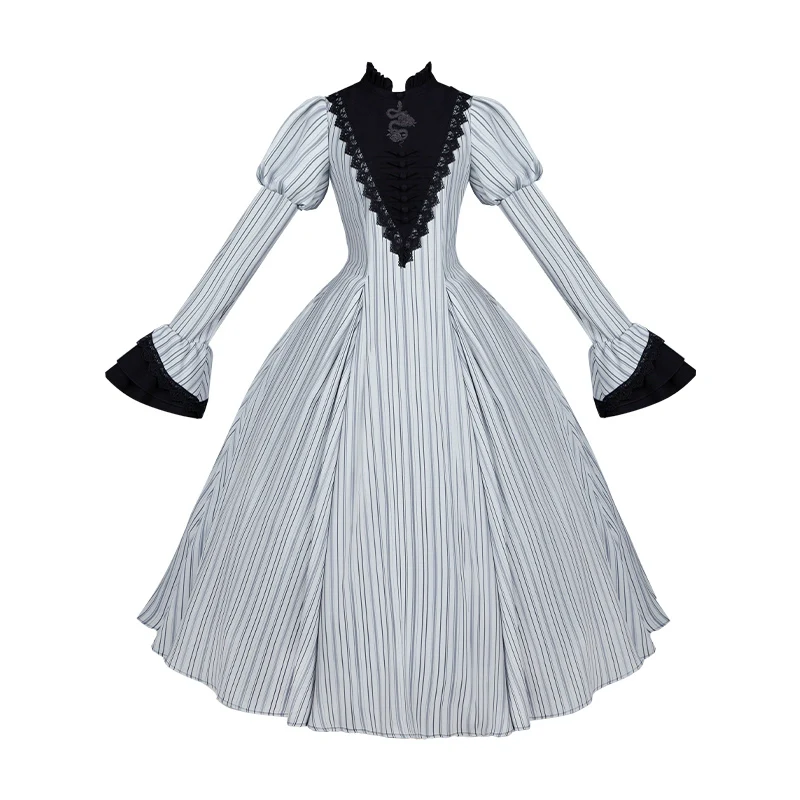With PUJI - Nocturne SP - Striped Gothic Lolita OP Twin Lolita Dress with Apron - Image 36
