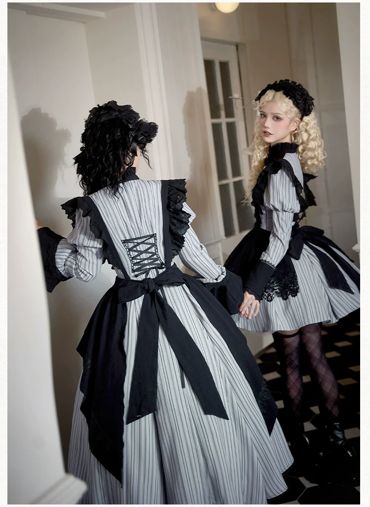 With PUJI - Nocturne SP - Striped Gothic Lolita OP Twin Lolita Dress with Apron - Image 4
