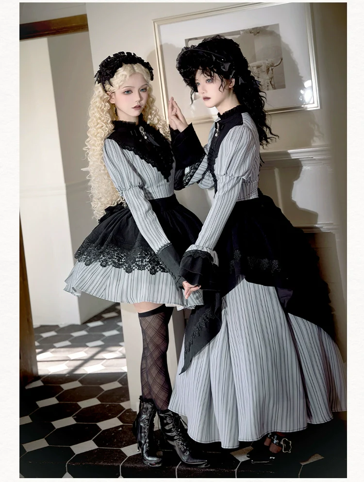 With PUJI - Nocturne SP - Striped Gothic Lolita OP Twin Lolita Dress with Apron - Image 5