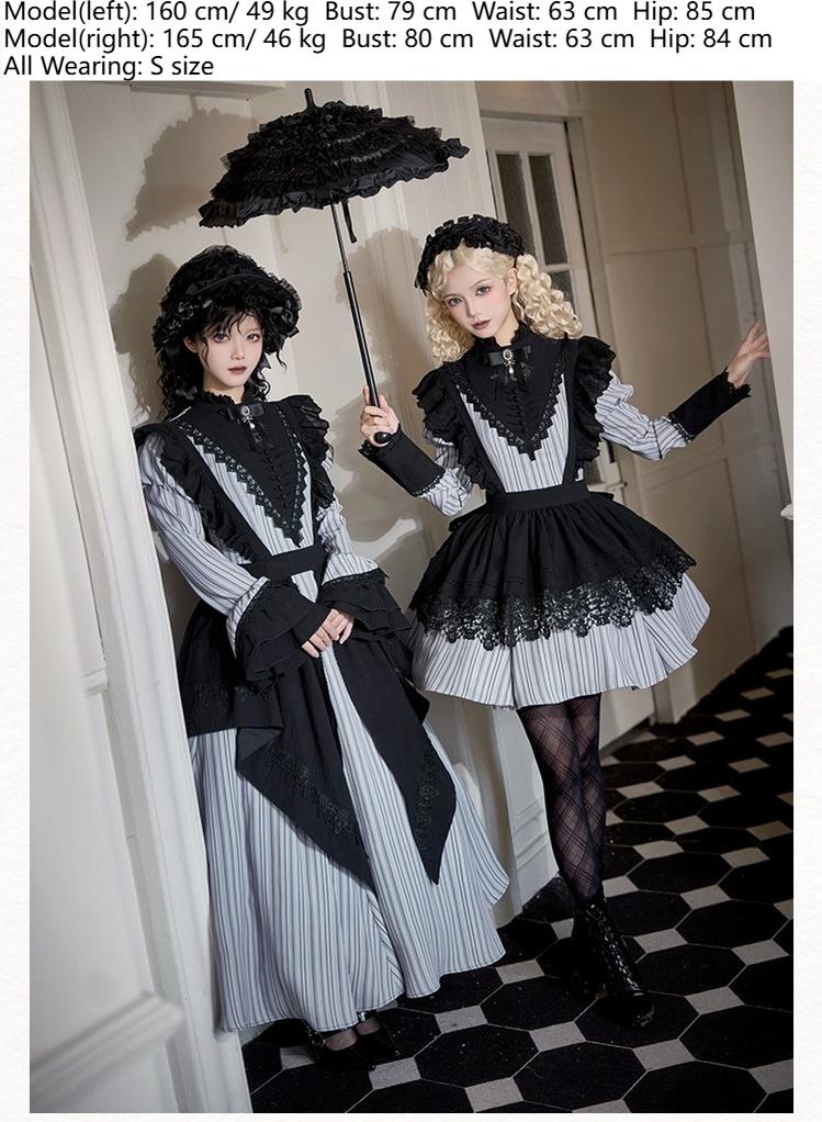With PUJI - Nocturne SP - Striped Gothic Lolita OP Twin Lolita Dress with Apron - Image 6