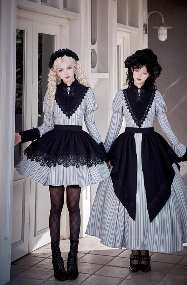 With PUJI - Nocturne SP - Striped Gothic Lolita OP Twin Lolita Dress with Apron - Image 7