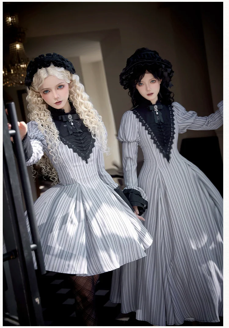 With PUJI - Nocturne SP - Striped Gothic Lolita OP Twin Lolita Dress with Apron - Image 9