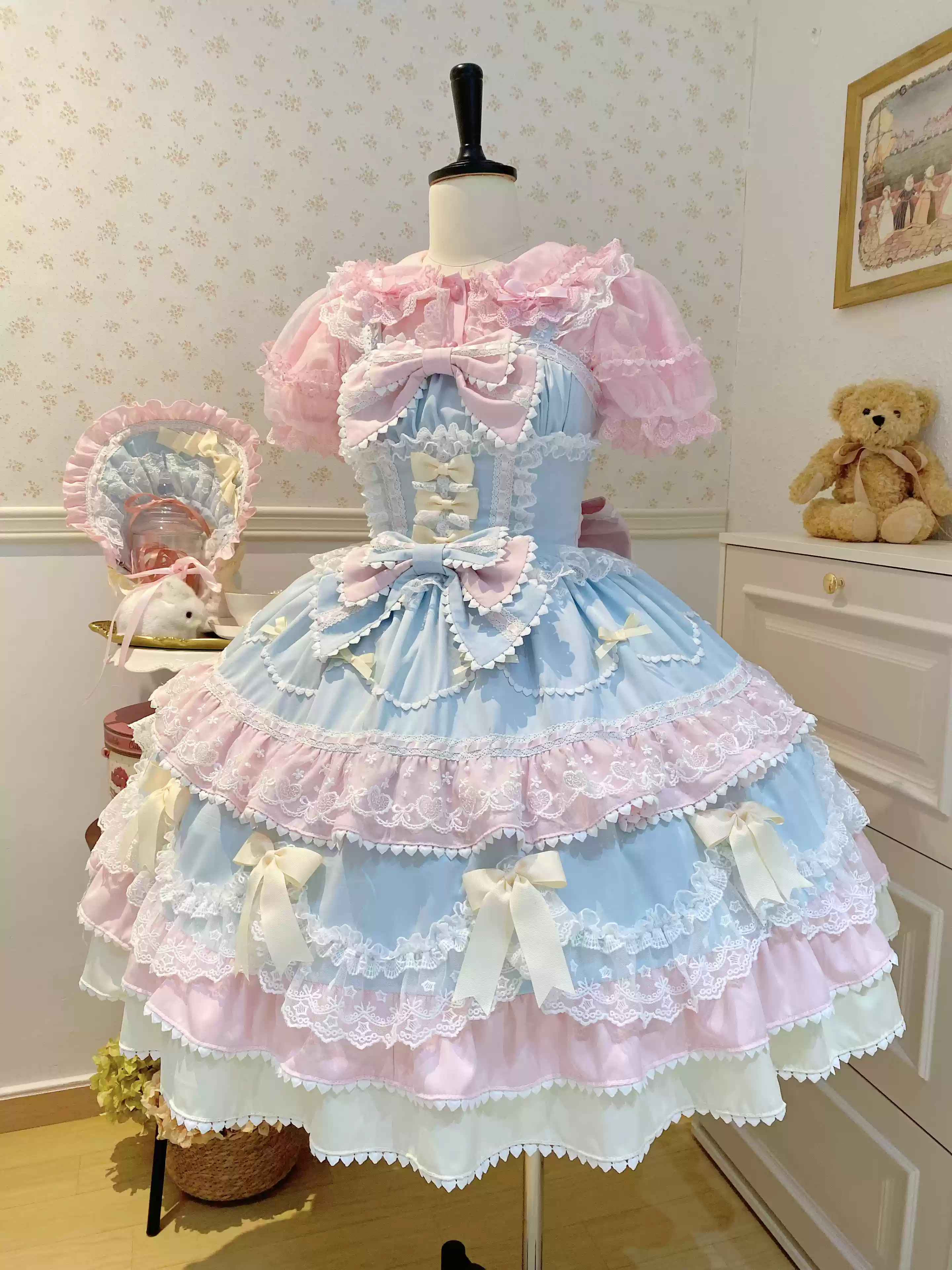 Fondant Cake - Summer Sweet Lolita JSK Dress, Tiered Ruffles and Bows - Image 28
