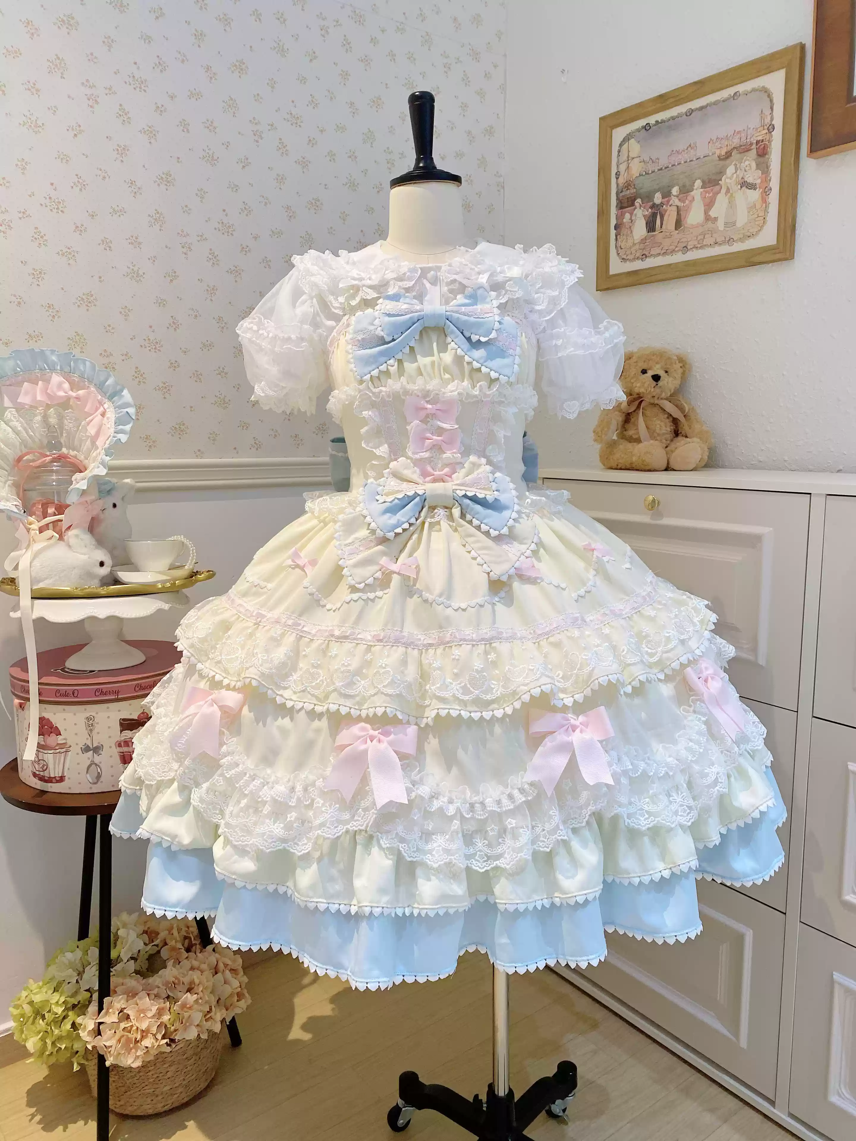Fondant Cake - Summer Sweet Lolita JSK Dress, Tiered Ruffles and Bows - Image 56