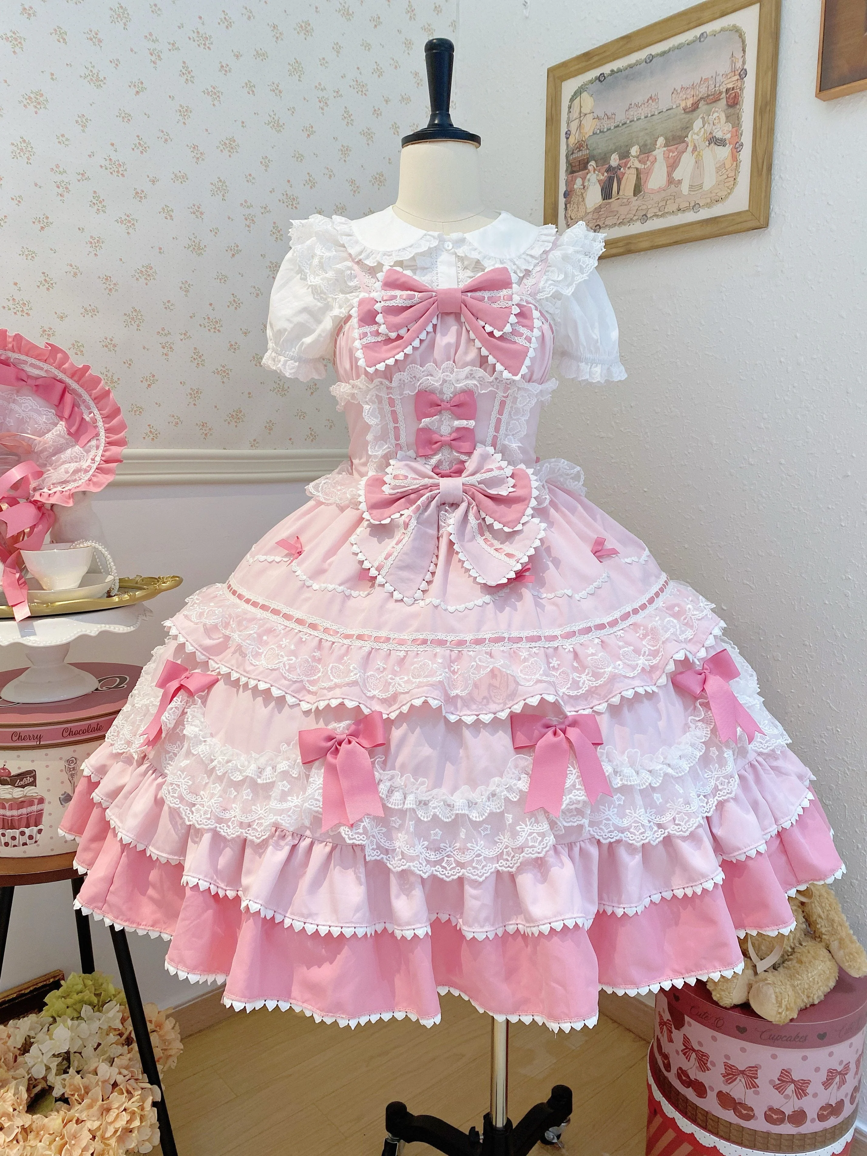 Fondant Cake - Summer Sweet Lolita JSK Dress, Tiered Ruffles and Bows - Image 8