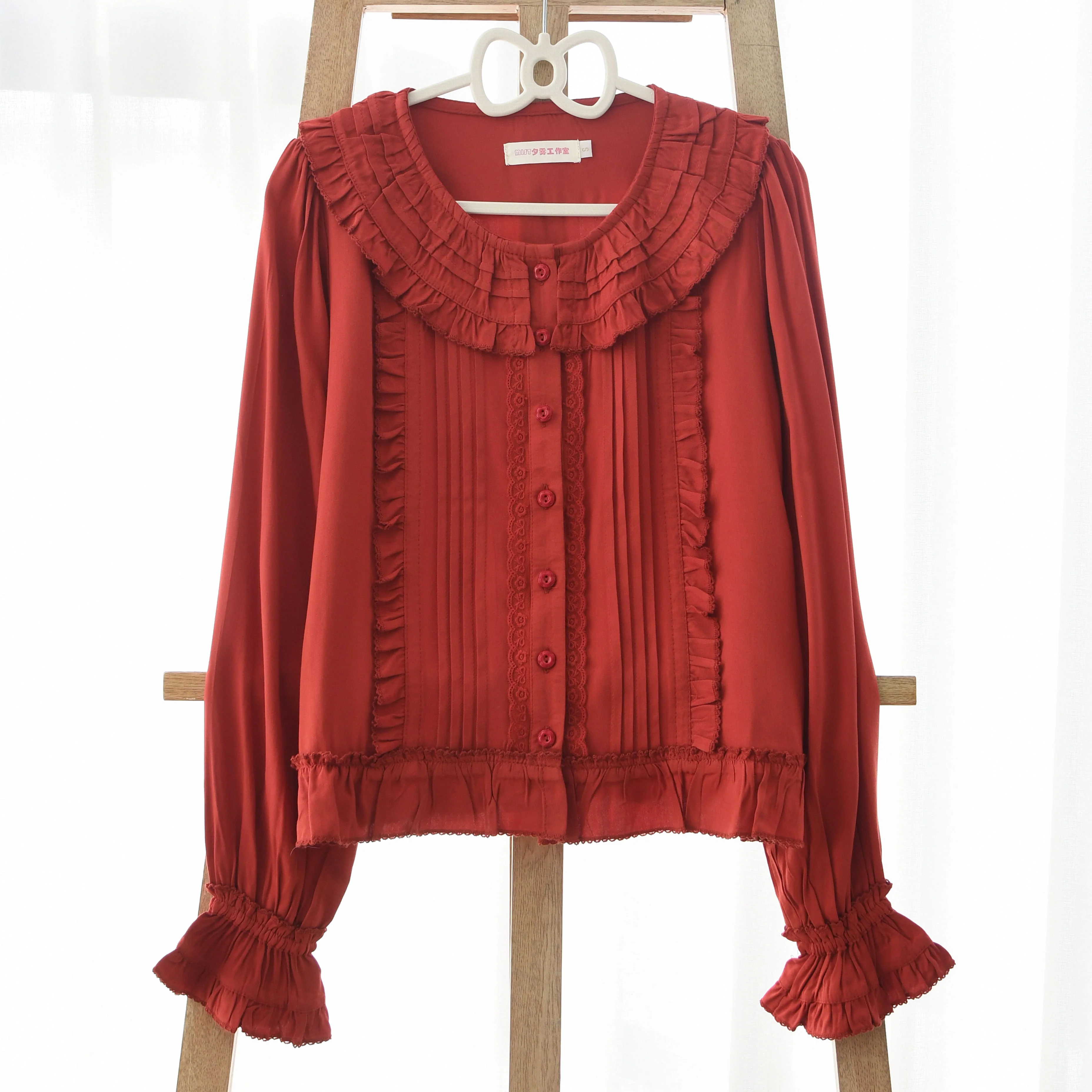 Wine Drunk Rose - Sweet Cotton Lolita Blouse with Ruffles and Pleats - Image 7