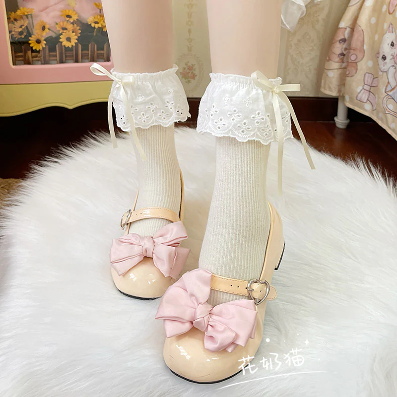 Hua Nai Cat - Sweet Cotton Lolita Socks Mid-Calf Socks with Lace and Bow - Image 13