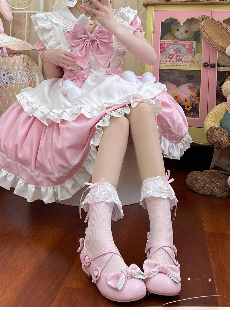 Hua Nai Cat - Sweet Cotton Lolita Socks Mid-Calf Socks with Lace and Bow - Image 4
