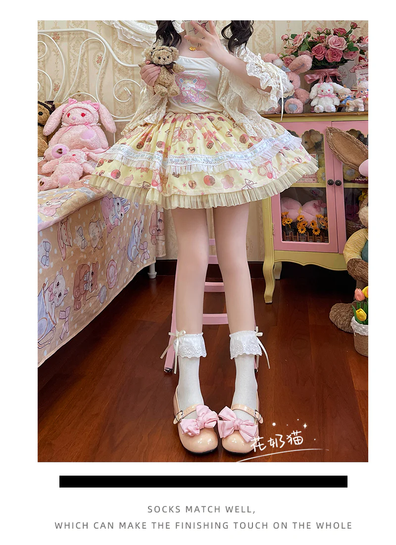 Hua Nai Cat - Sweet Cotton Lolita Socks Mid-Calf Socks with Lace and Bow - Image 8
