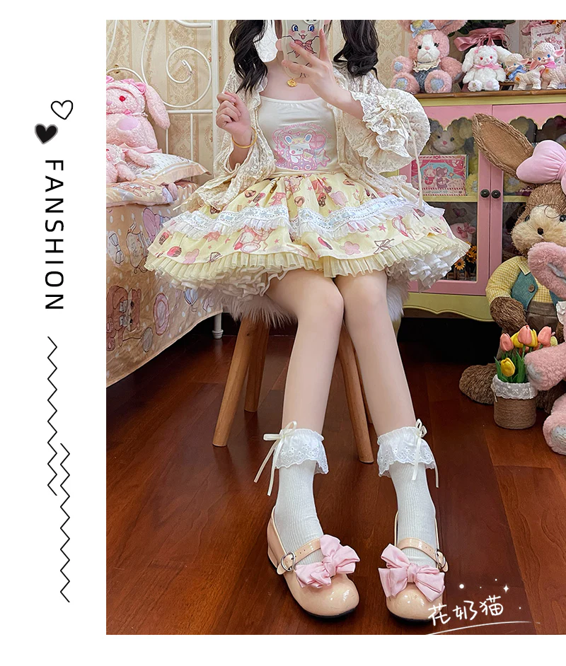 Hua Nai Cat - Sweet Cotton Lolita Socks Mid-Calf Socks with Lace and Bow - Image 9