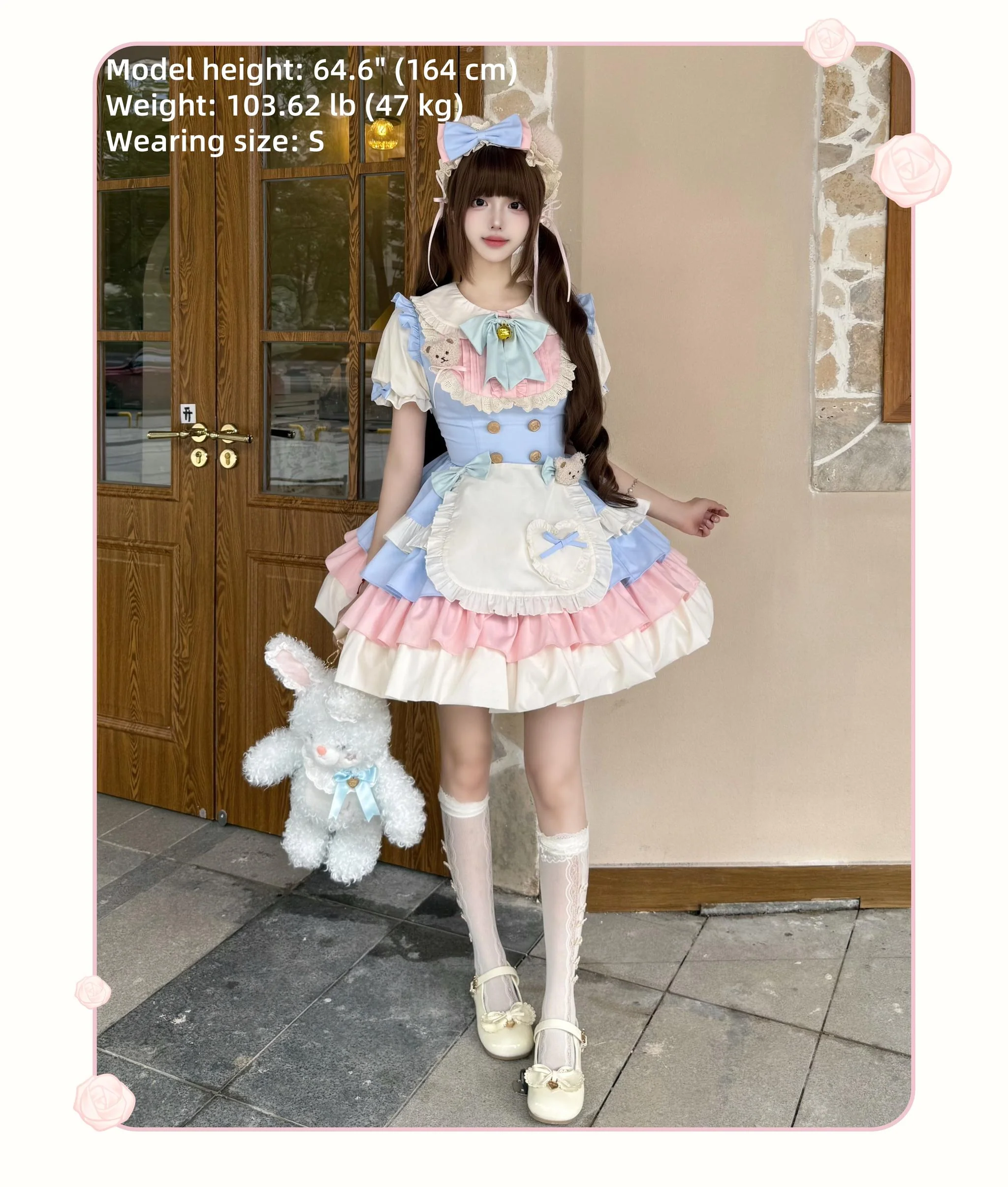 Platycodon House - Cream Puff - Sweet Lolita Apron OP Dress, Bunny & Bear Details - Image 3