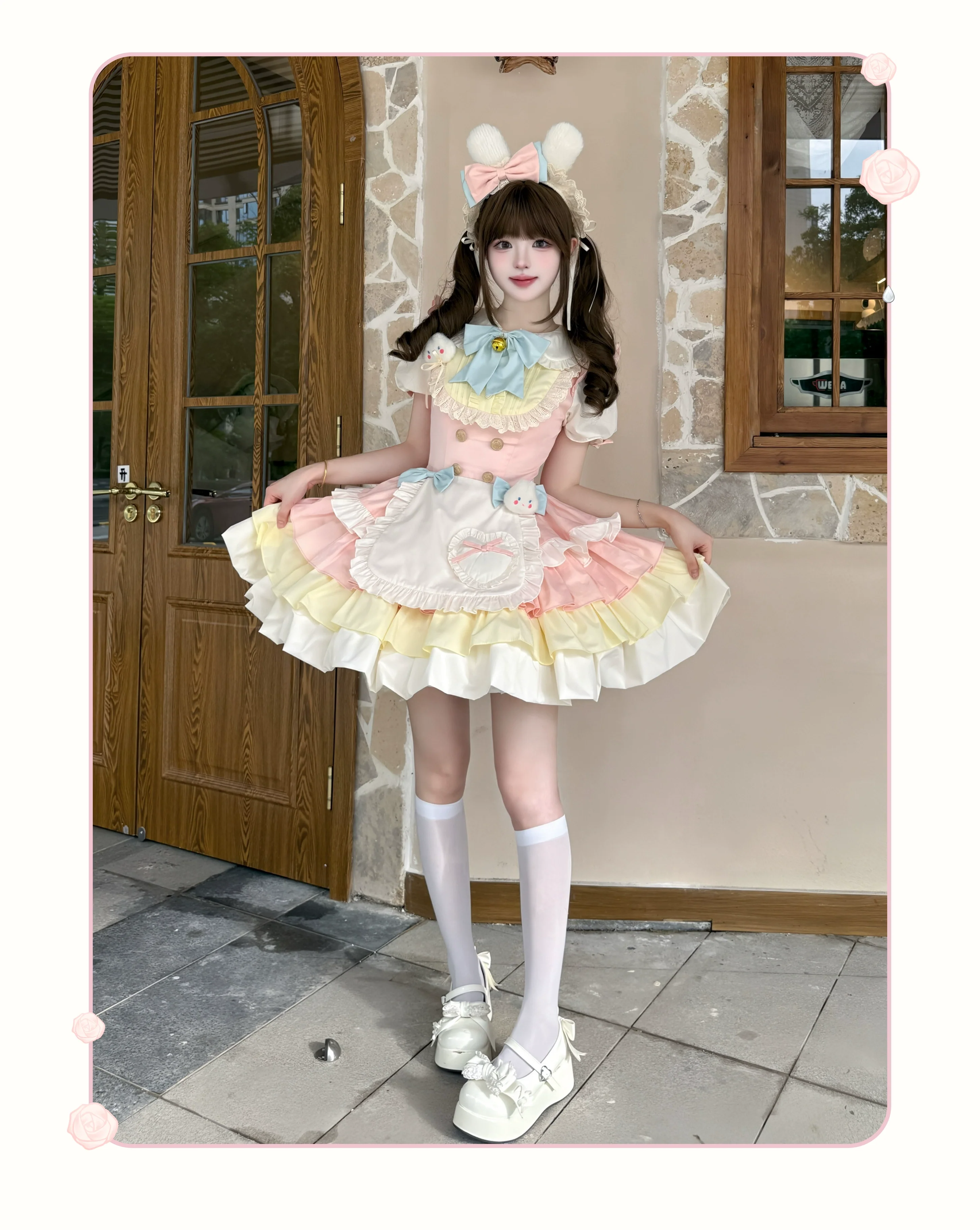 Platycodon House - Cream Puff - Sweet Lolita Apron OP Dress, Bunny & Bear Details - Image 4