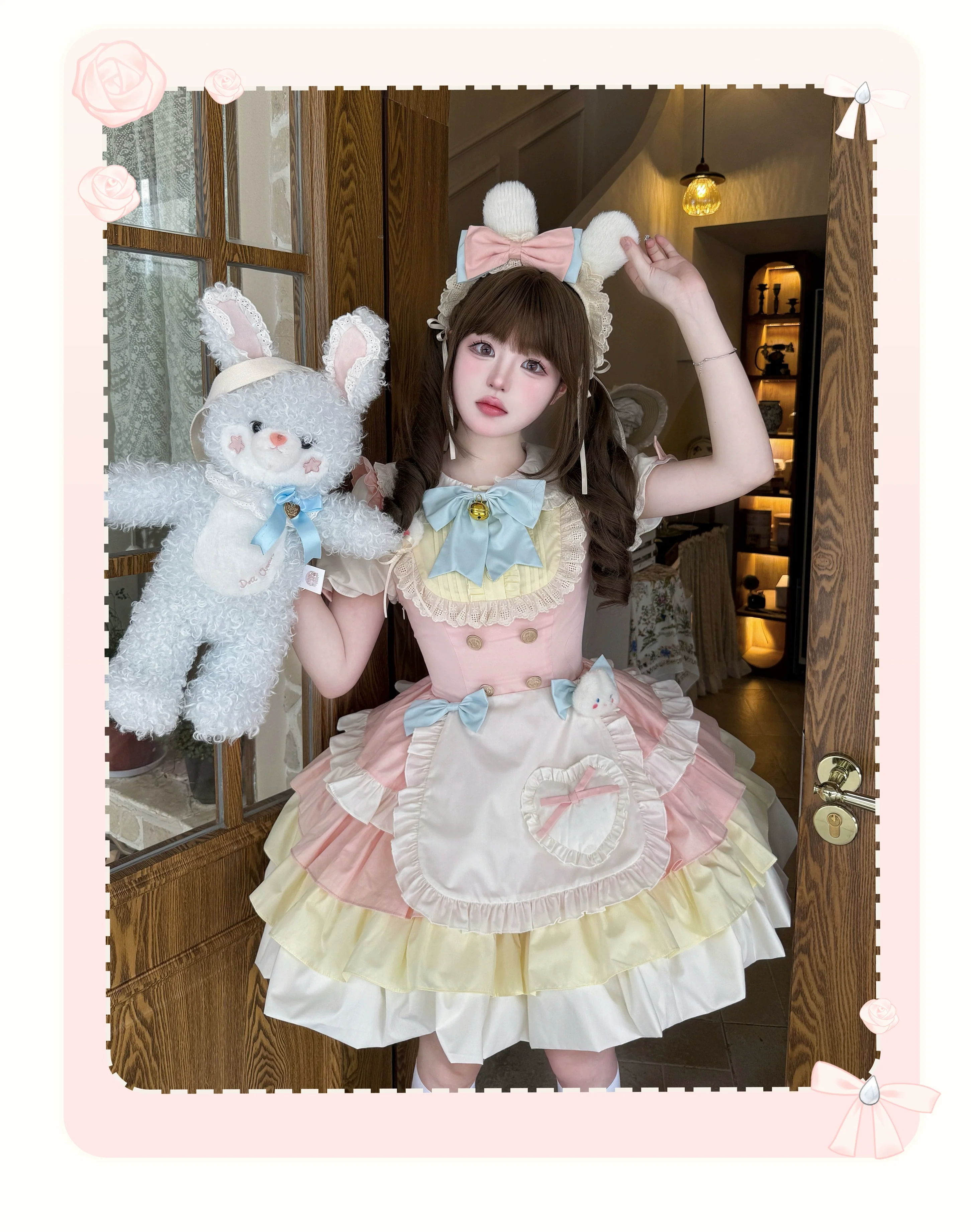 Platycodon House - Cream Puff - Sweet Lolita Apron OP Dress, Bunny & Bear Details - Image 6