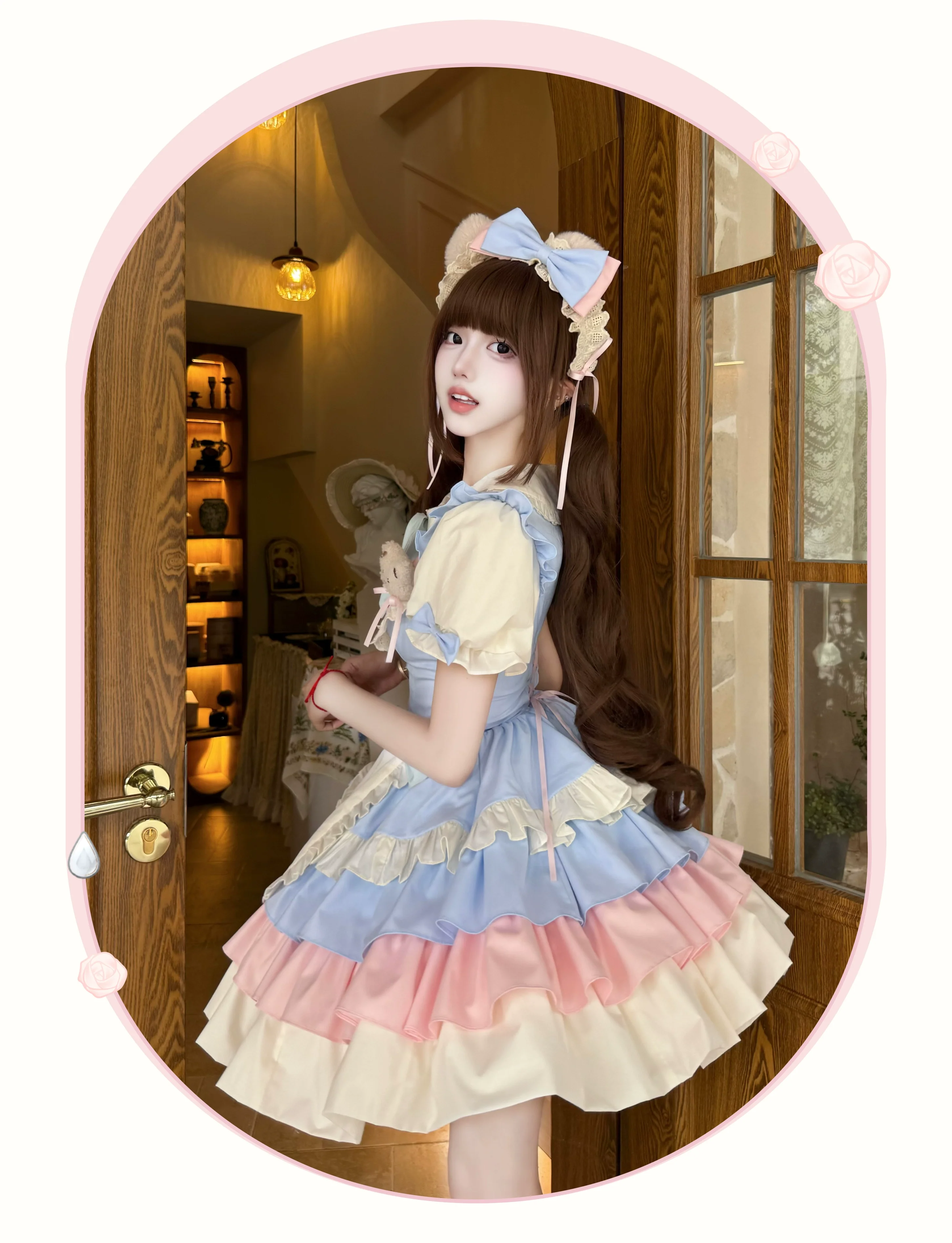 Platycodon House - Cream Puff - Sweet Lolita Apron OP Dress, Bunny & Bear Details - Image 7