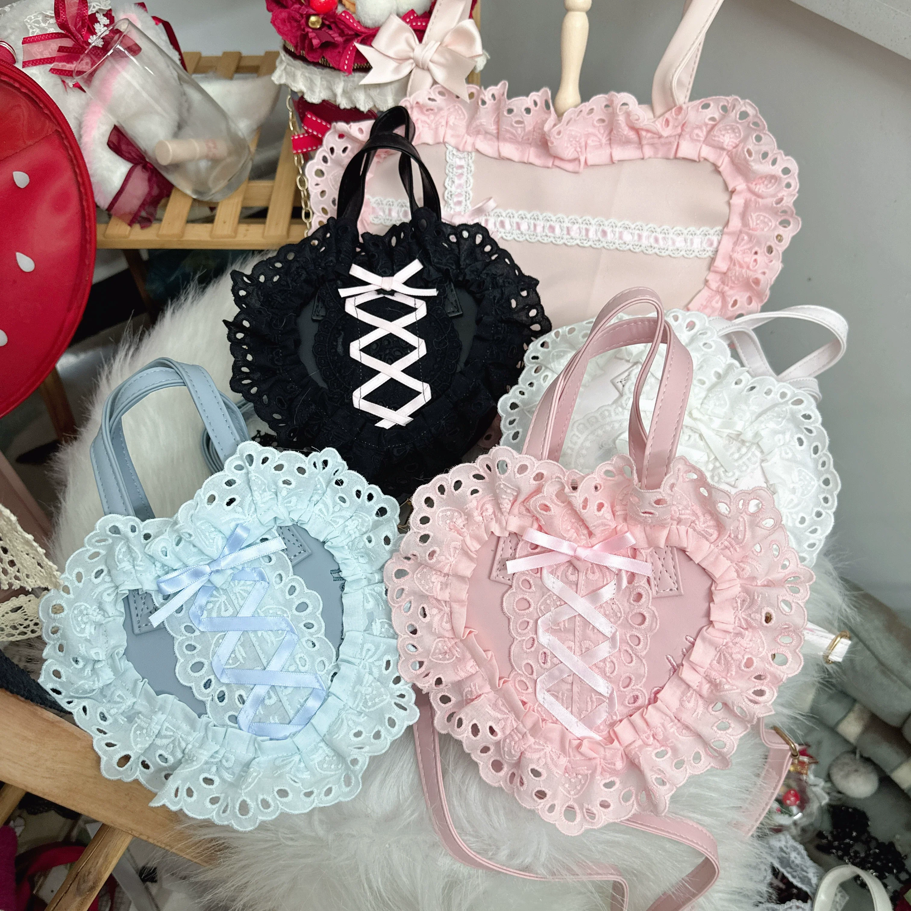 Sweet Lolita Bag Heart-shaped Lace Bag Multicolors - Image 17