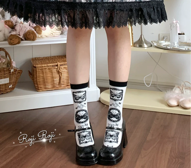 Roji Roji - Sweet Lolita Cotton Socks, Detachable Cuff Bow Trim - Image 11