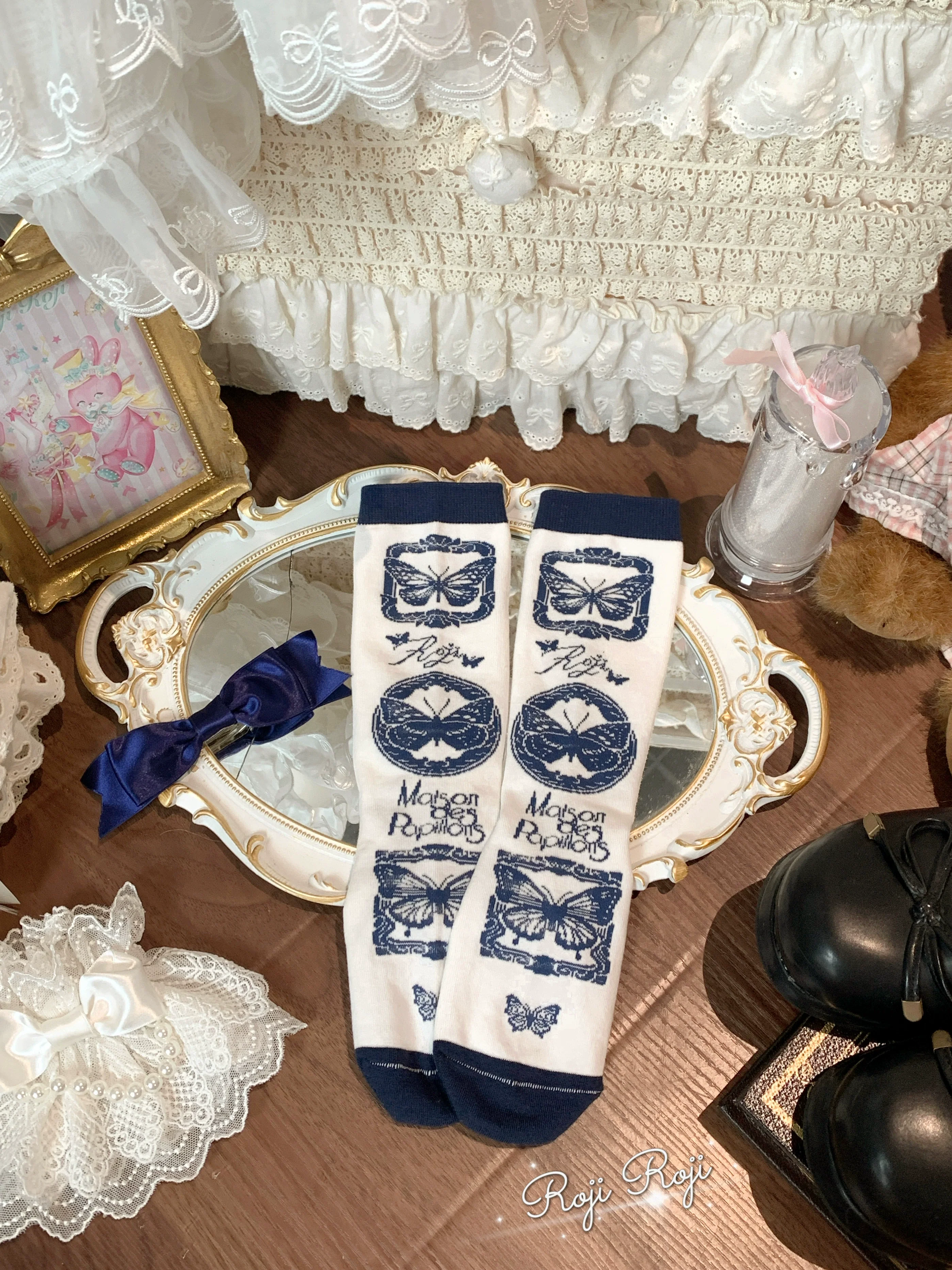 Roji Roji - Sweet Lolita Cotton Socks, Detachable Cuff Bow Trim - Image 13