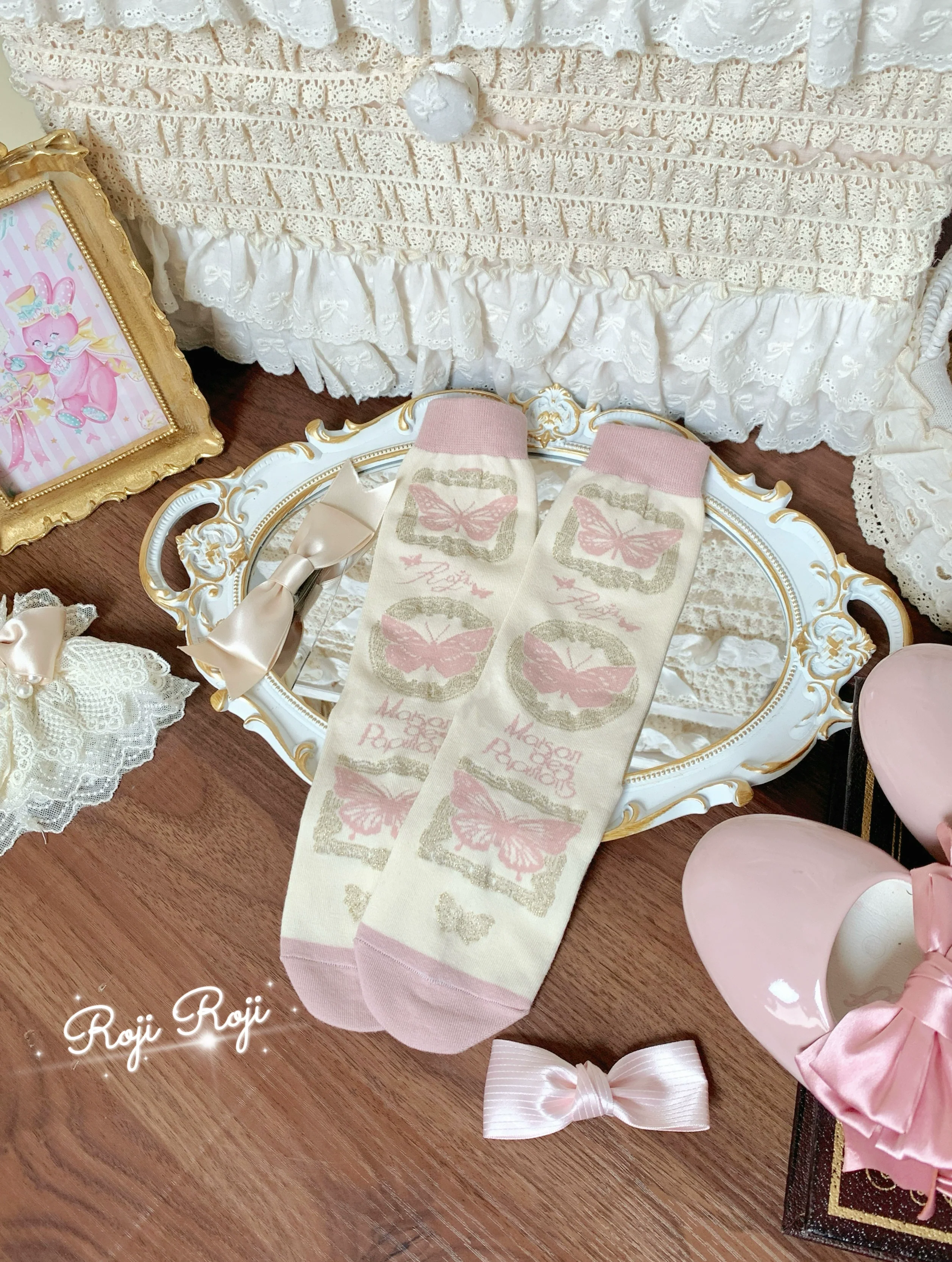 Roji Roji - Sweet Lolita Cotton Socks, Detachable Cuff Bow Trim - Image 16