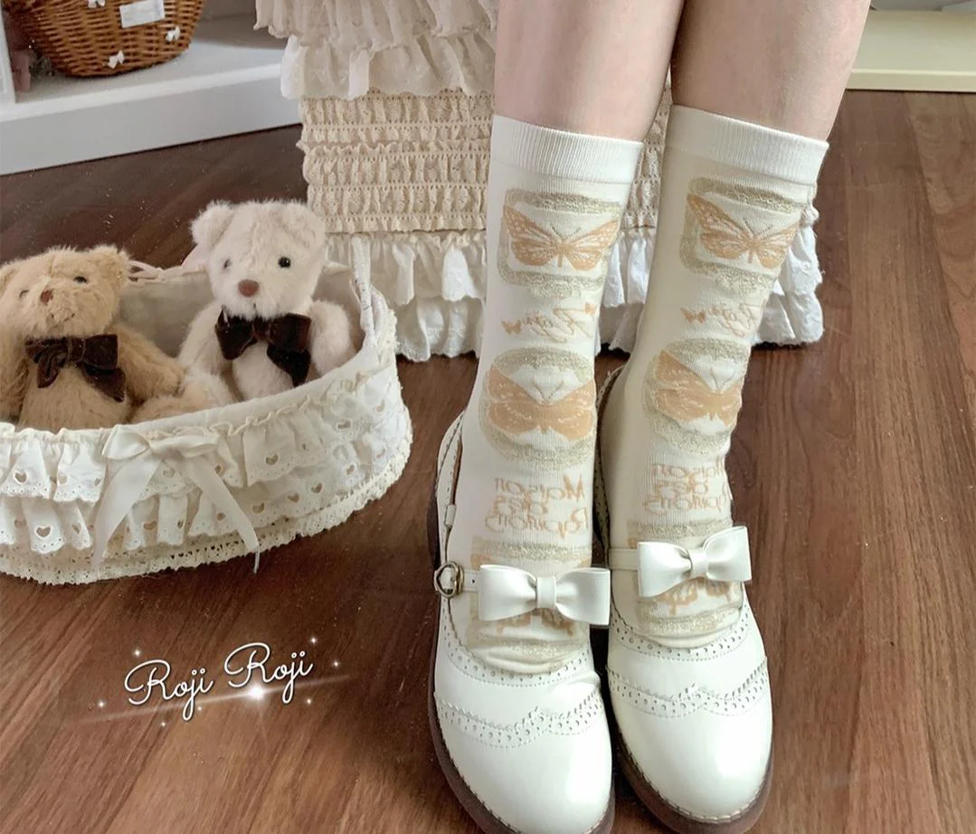 Roji Roji - Sweet Lolita Cotton Socks, Detachable Cuff Bow Trim - Image 7