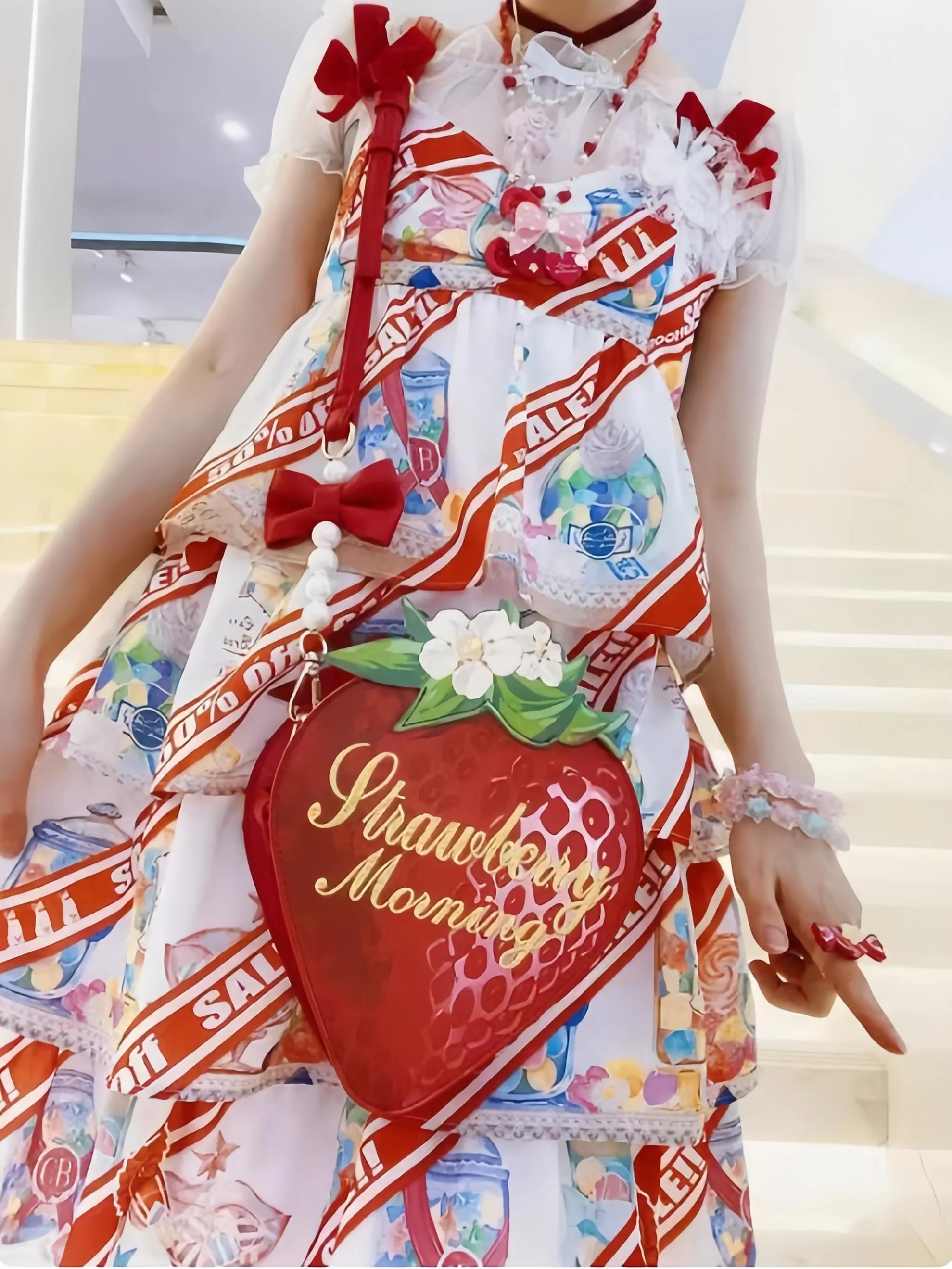 Morning Glory - A Strawberry - Sweet Lolita Crossbody Bag Strawberry Printed Handbag - Image 4