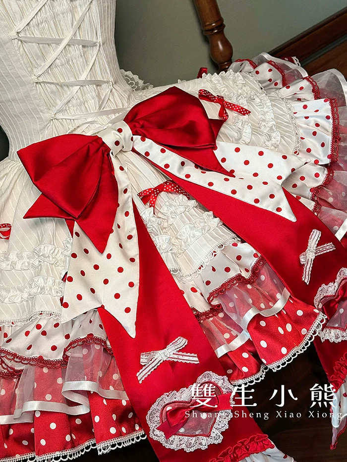 Shuang Sheng Xiao Xiong - Bite The Cake - Sweet Lolita Dress, Red & White Polka Dots - Image 3