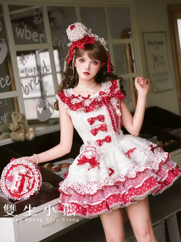 Shuang Sheng Xiao Xiong - Bite The Cake - Sweet Lolita Dress, Red & White Polka Dots - Image 39