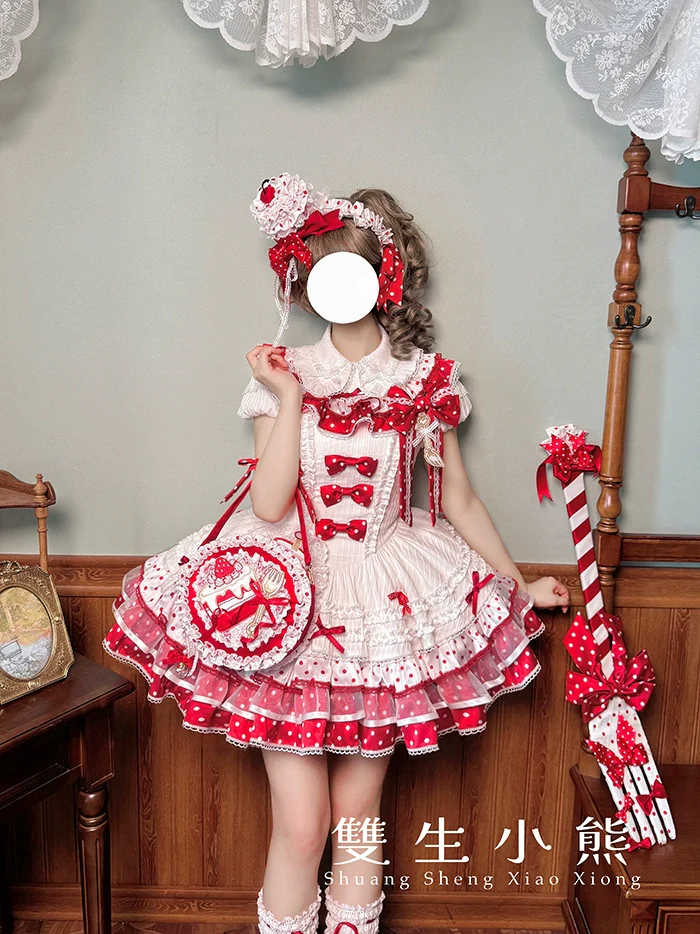 Shuang Sheng Xiao Xiong - Bite The Cake - Sweet Lolita Dress, Red & White Polka Dots - Image 44