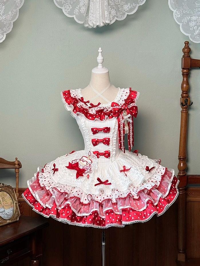 Shuang Sheng Xiao Xiong - Bite The Cake - Sweet Lolita Dress, Red & White Polka Dots - Image 49