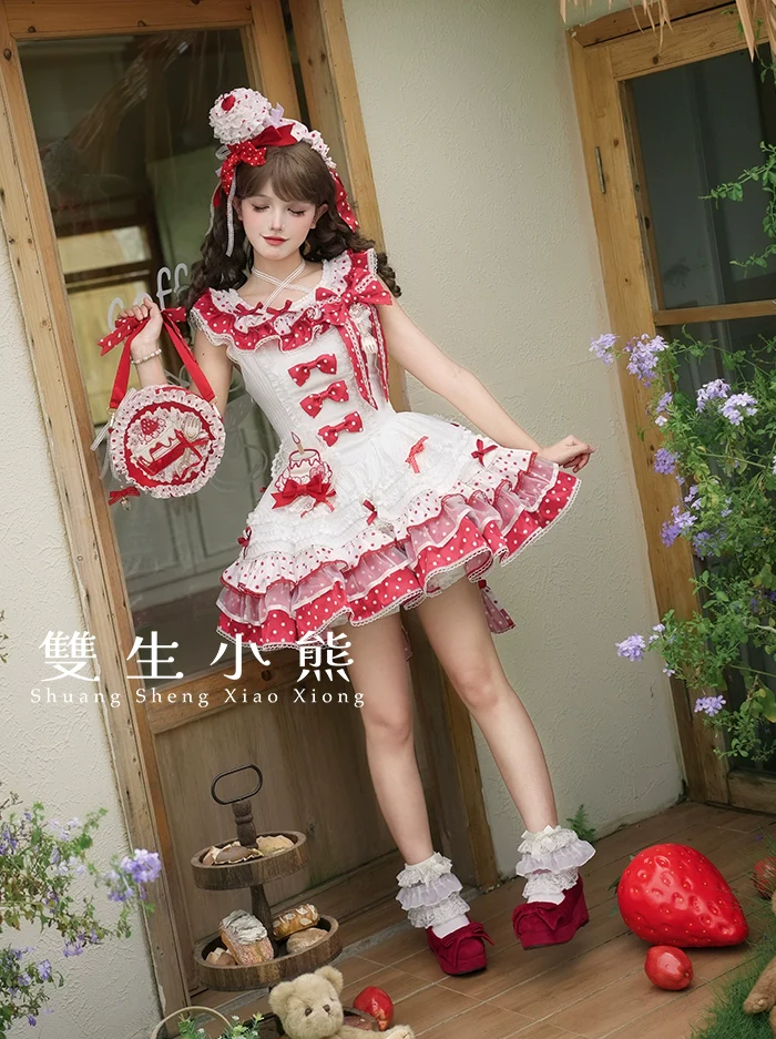 Shuang Sheng Xiao Xiong - Bite The Cake - Sweet Lolita Dress, Red & White Polka Dots - Image 63