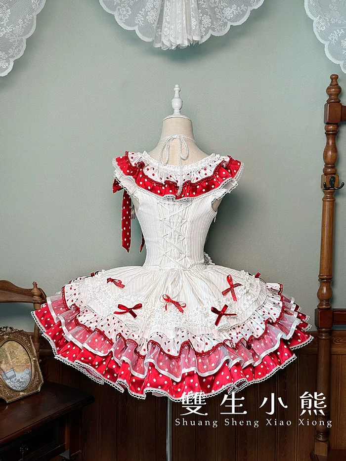 Shuang Sheng Xiao Xiong - Bite The Cake - Sweet Lolita Dress, Red & White Polka Dots - Image 75