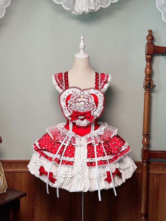 Shuang Sheng Xiao Xiong - Bite The Cake - Sweet Lolita Dress, Red & White Polka Dots - Image 9