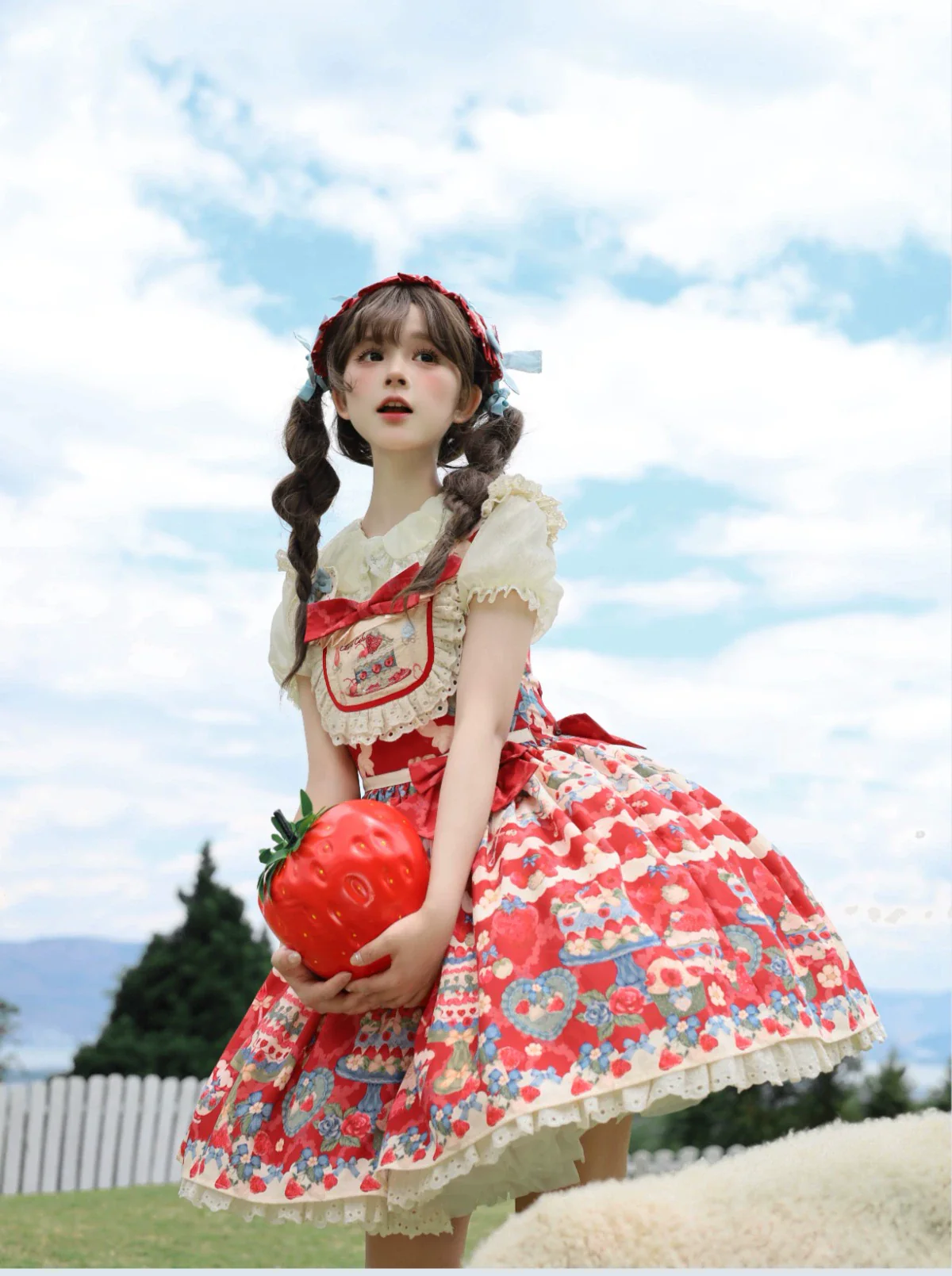 Rose Whispers - Strawberry Tata - Sweet Lolita Dress Suit With Strawberry Cake Print - Image 10