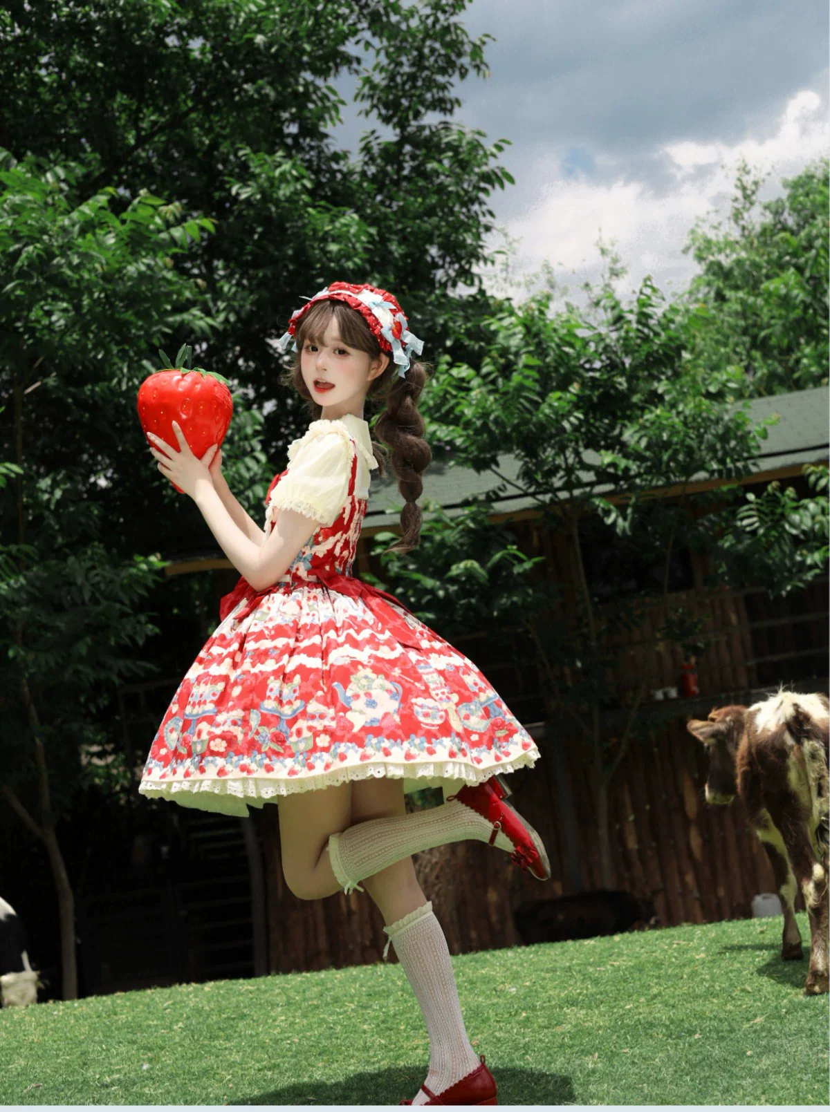 Rose Whispers - Strawberry Tata - Sweet Lolita Dress Suit With Strawberry Cake Print - Image 14