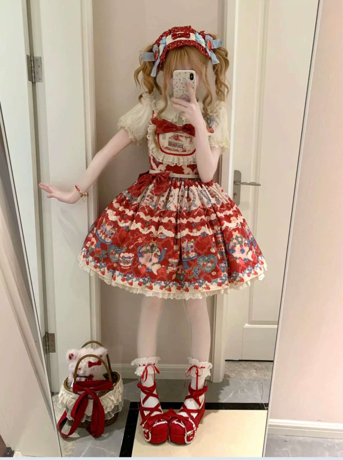 Rose Whispers - Strawberry Tata - Sweet Lolita Dress Suit With Strawberry Cake Print - Image 24