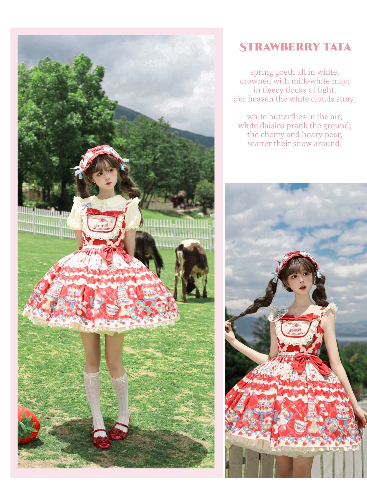 Rose Whispers - Strawberry Tata - Sweet Lolita Dress Suit With Strawberry Cake Print - Image 42