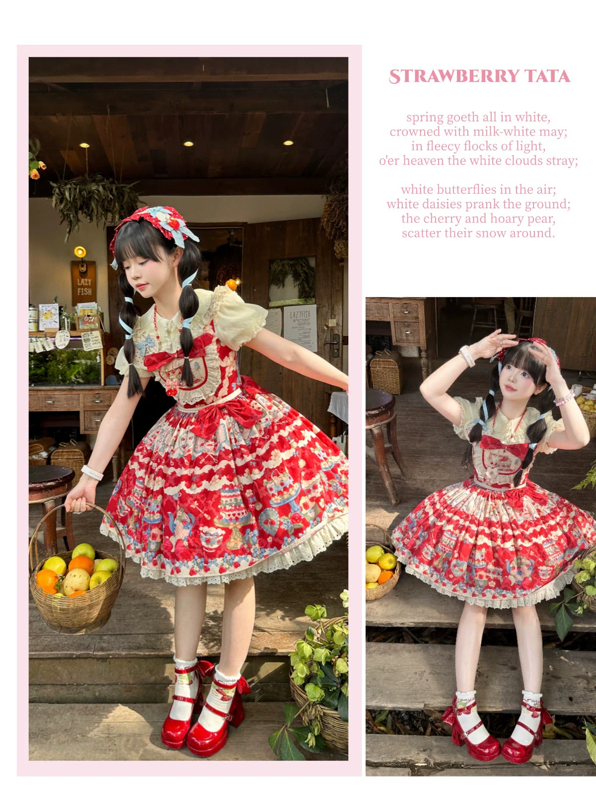 Rose Whispers - Strawberry Tata - Sweet Lolita Dress Suit With Strawberry Cake Print - Image 44