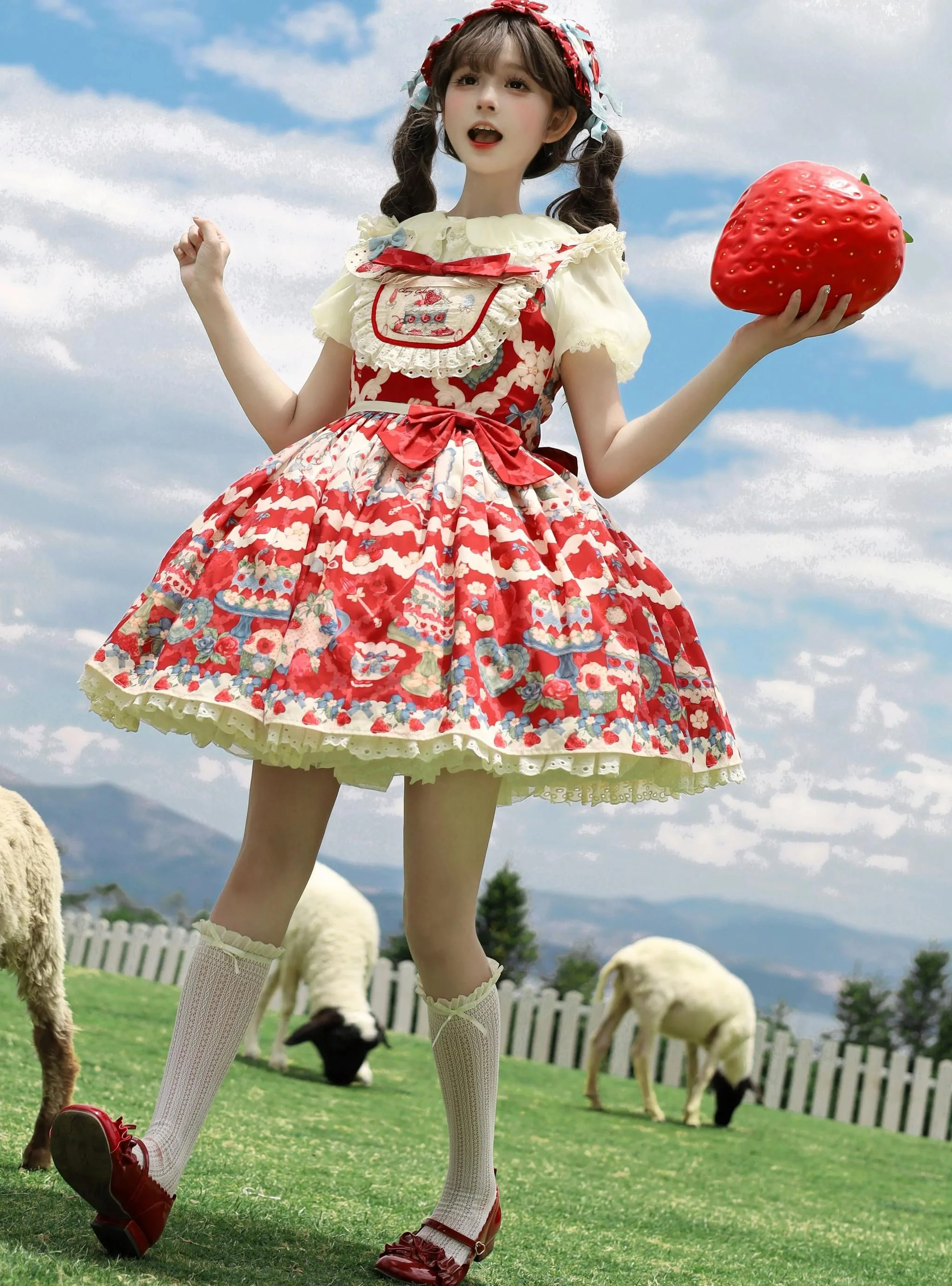 Rose Whispers - Strawberry Tata - Sweet Lolita Dress Suit With Strawberry Cake Print - Image 5