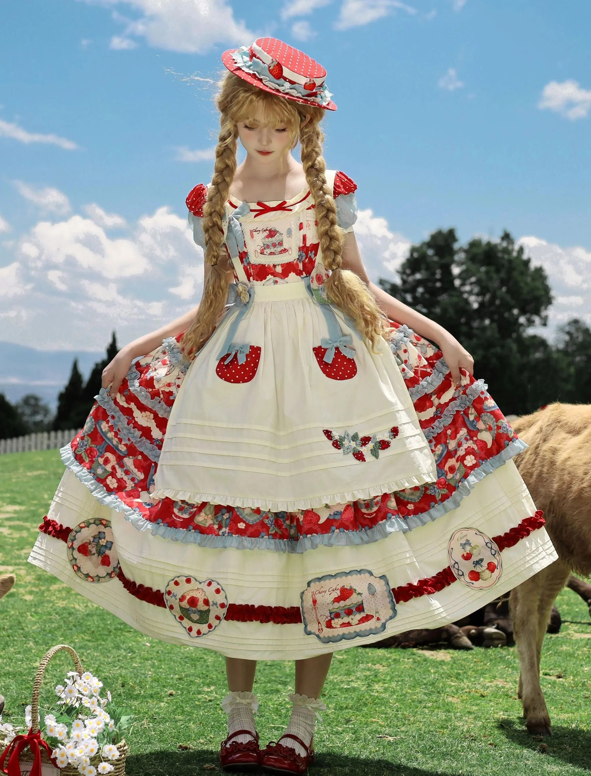 Rose Whispers - Strawberry Tata - Sweet Lolita Dress Suit With Strawberry Cake Print - Image 6