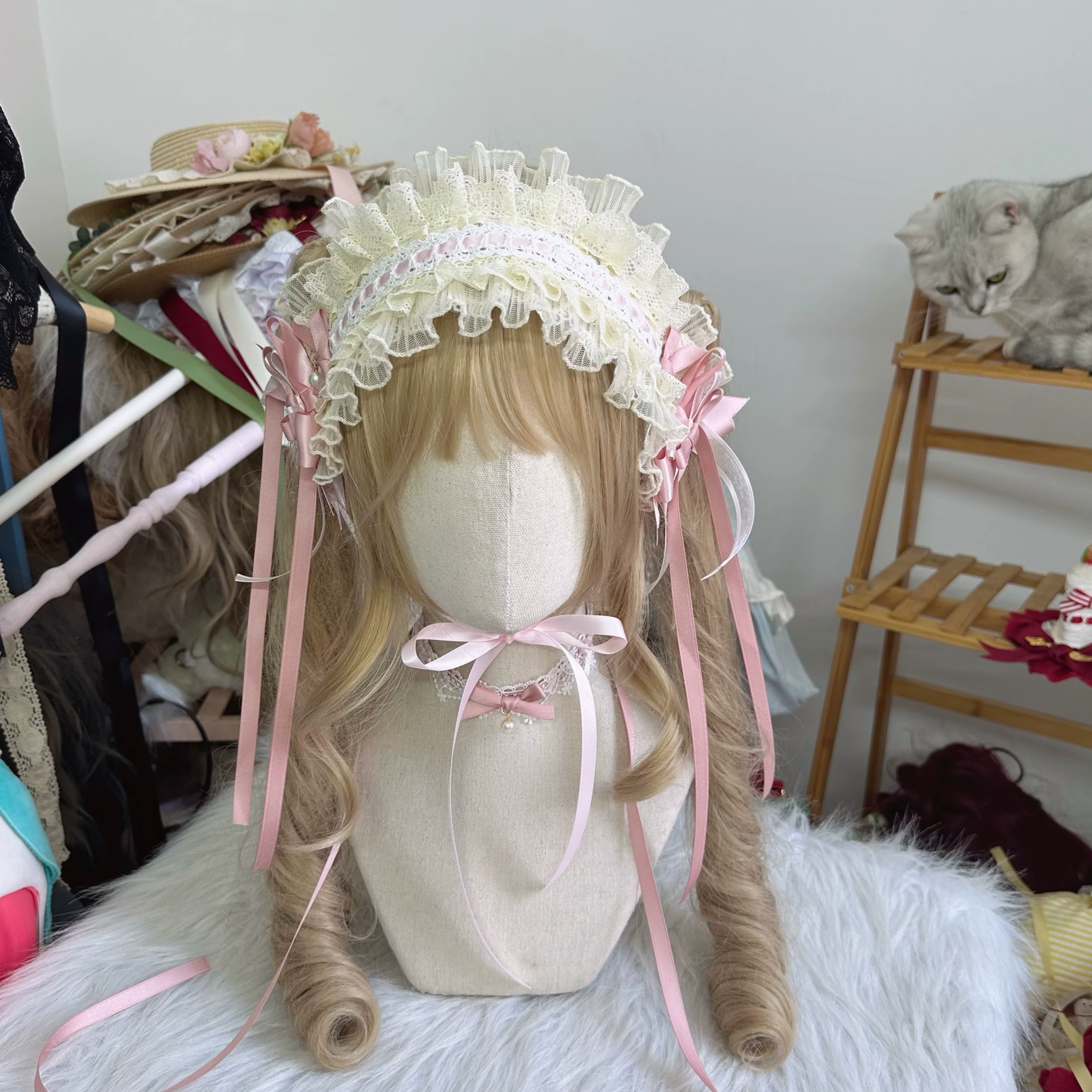 Sweet Lolita Headdress, Bow and Lace Decoration - Image 3