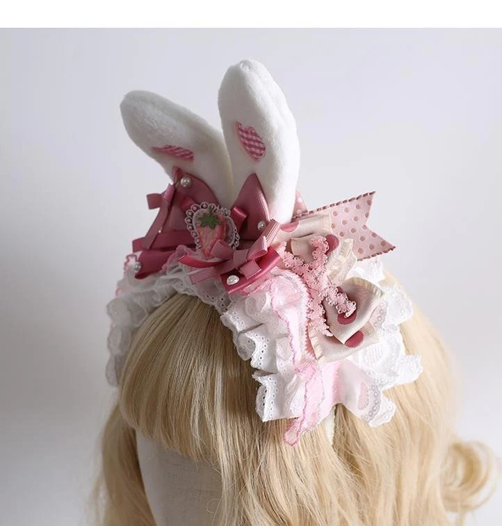 Xiaogui - Sweet Lolita Headdress Pink White Bunny Ear Hair Accessory - Image 10